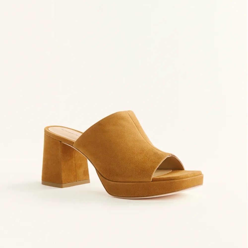 Reformation Mustard Suede Platform Mule Heels